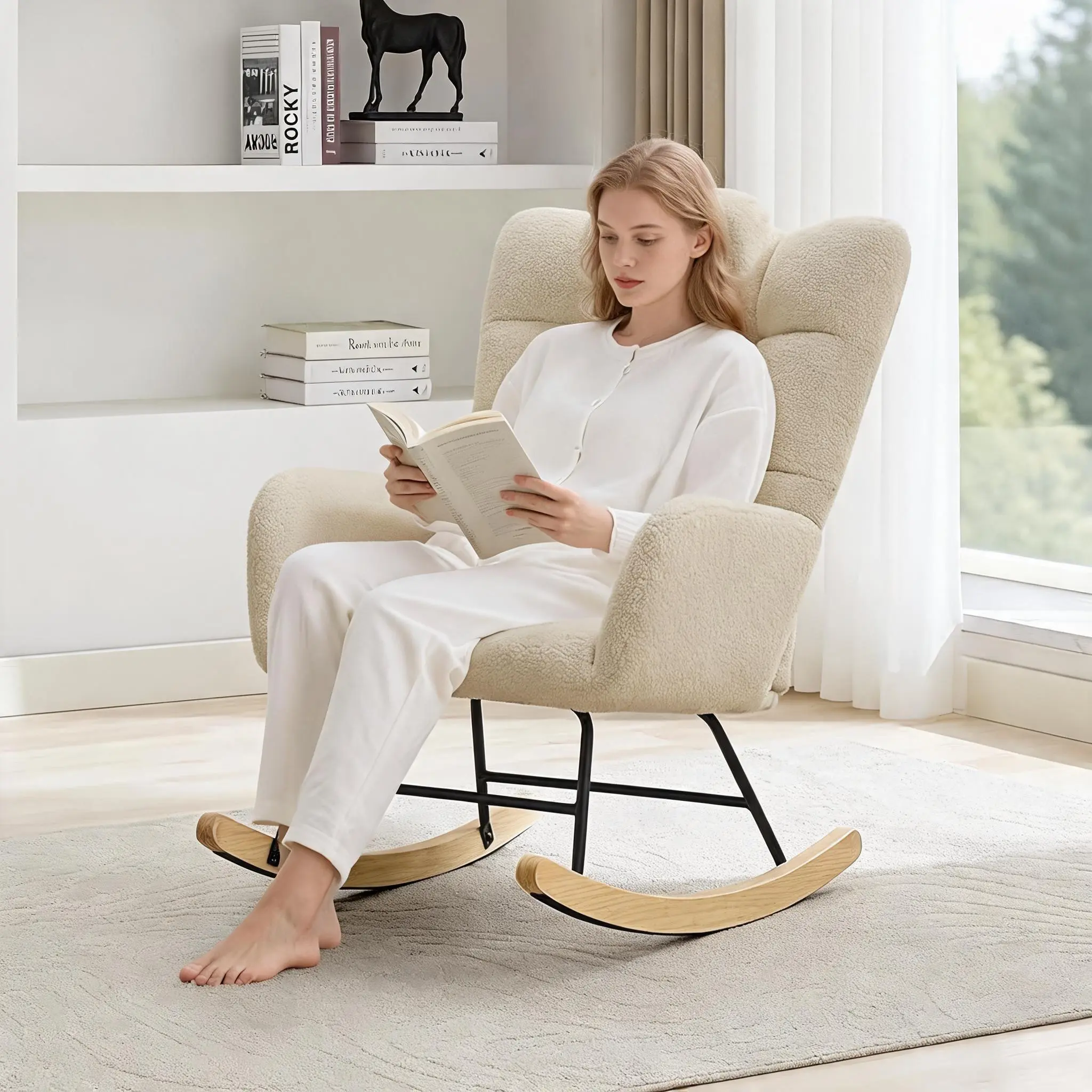 Rocking Chair, Teddy Upholstered Glider Rocking Chair with High Backrest, Armchair Reading Chair for Adults, Nursery, Bedroom, Living Room, Office, Camel/Beige