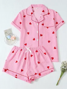 Two-piece Spring and Summer Gradual Change Lip Bow Print Pajamas Set Sweet Cute Lapel Button Top and Bow Shorts Women's Pajamas and Loungewear Sleepwear Loungewear