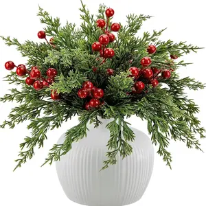 45Pcs  Artificial Pine Branches,Faux Evergreen Norfolk Pine Cypress Leaves Stems with Red Berries,Christmas Decor for DIY Wreath Garland Christmas Tree, Home Decorations