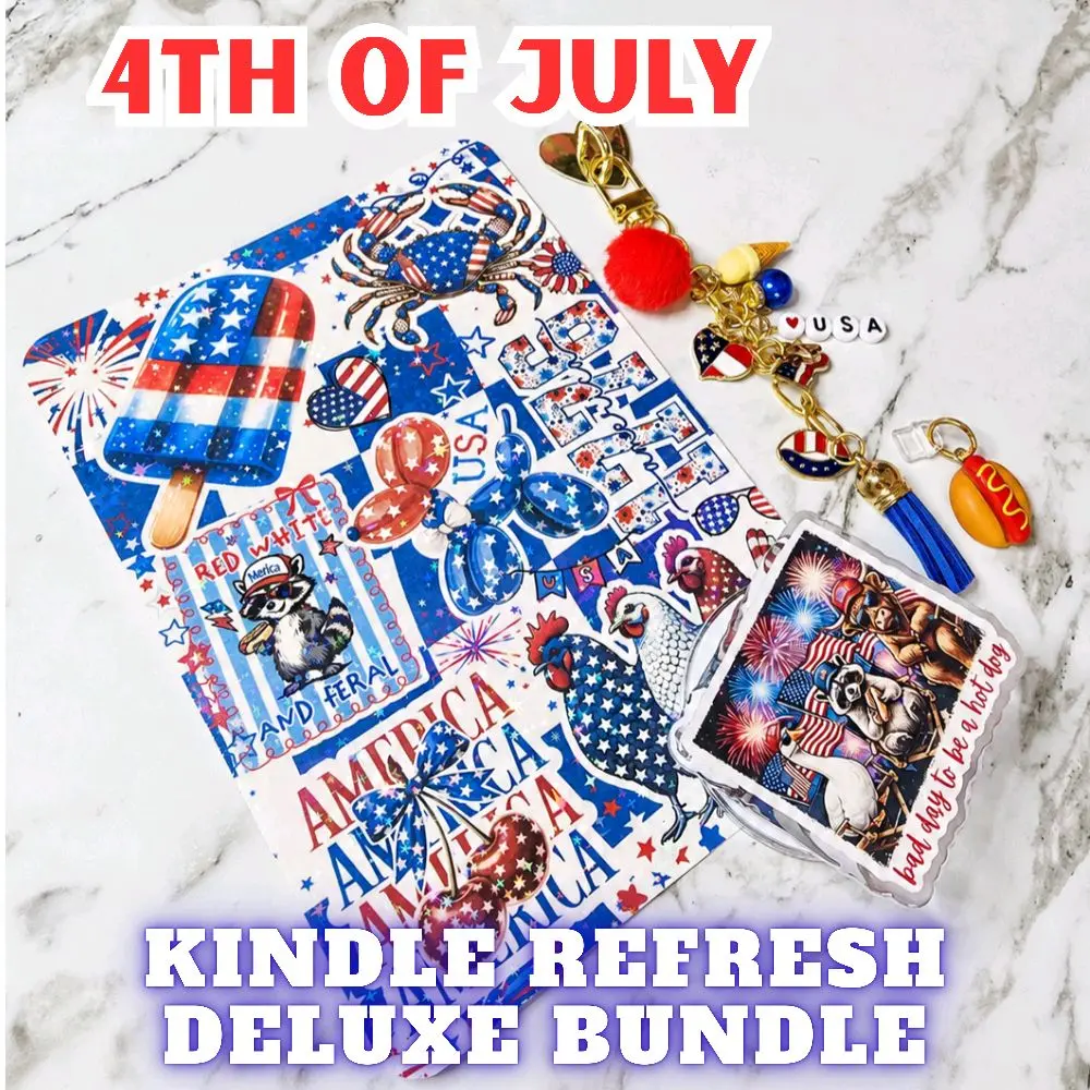 4th of July DELUXE Kindle Refresh Kit | Includes Insert, Magnetic Grip, Dust Plug Charm, and Chain Charm