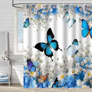 Butterfly Floral Shower Curtain Polyester 72x72 Inch Botanical Bath Decor Elegant Bathroom Curtain with Nature-Inspired Design for Serene Aesthetic
