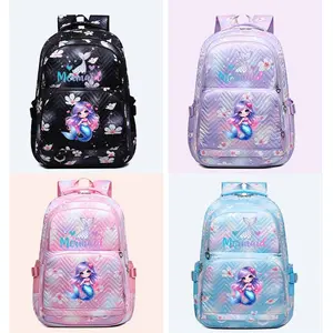 Mermaid Pattern Backpack, Cute Cartoon Design, Sakura Pattern, Multi-Layer Zipper, Adjustable Straps, Padded Back, Large Capacity, Trendy Backpack
