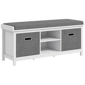 HOMCOM Ergonomic Furniture-Style Shoe Bench with Cushion - Small Space-Saving Adjustable Storage Bench for Entryway, Padded Seat, 2 Drawers, Adjustable Shelf, Hallway, Living Room, White, Small Storage Benches, Space-Saving Storage Benches