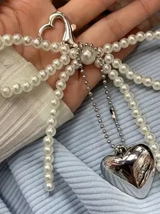 Cute Bowknot Faux Pearl Bag Charm, Sweet Girl Style Phone Chain Heart Pendant, Trendy Accessory for Women and Girls, All Seasons