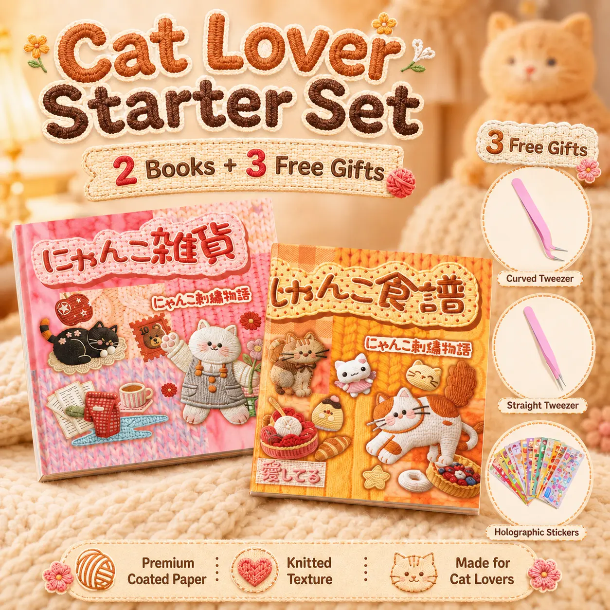 Kawaii Cat Sticker Book Set for Cat Lovers, 2 Books 40 Sheets, Knitted-Style Diary, Journal & Gift Stickers, Includes 2 Tweezers & 20 Holographic Sticker Sheets
