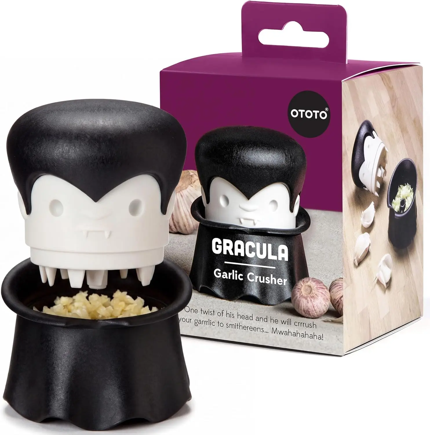 OTOTO Gracula Garlic Press, Garlic Crusher, Garlic Mincer, Also for Ginger, Nuts, Chili, Herbs - Twist Top Mincer & Easy Squeeze Manual Press Peeler, Goth Gifts