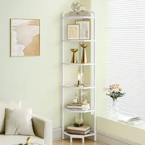 Corner Shelf Stand,6-Tier Glass Bookshelf Bookcase, Bathroom Organizer, Plant Stand, Steel Frame, Tempered Glass, Modern Style for Living Room, Bathroom, Kitchen, White CS90613W
