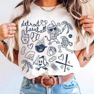 Detroit Baseball Doodle Graphic Tee, Cute Detroit Baseball Game Day Youth Shirt, Detroit Baseball T-Shirt for Men, Women and Kids
