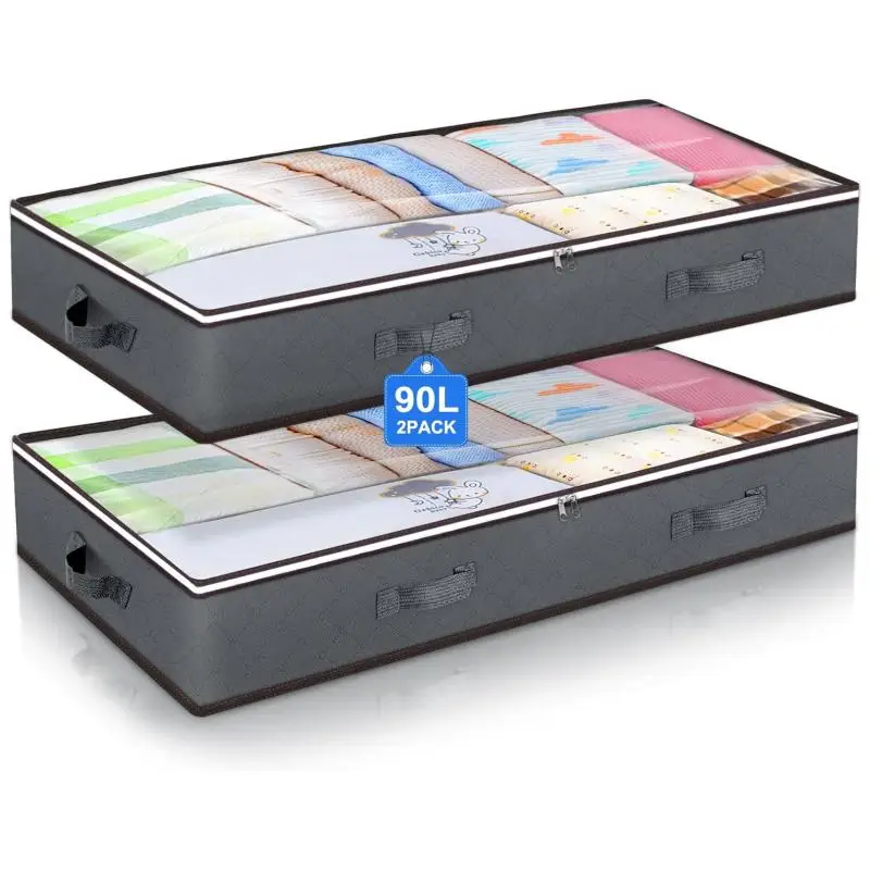 Under Bed Organizer, 2 Counts Large Capacity Clothes Container, Foldable Bag with Clear Visibility Window & Lid, Storage Organizer for Bedroom, Christ