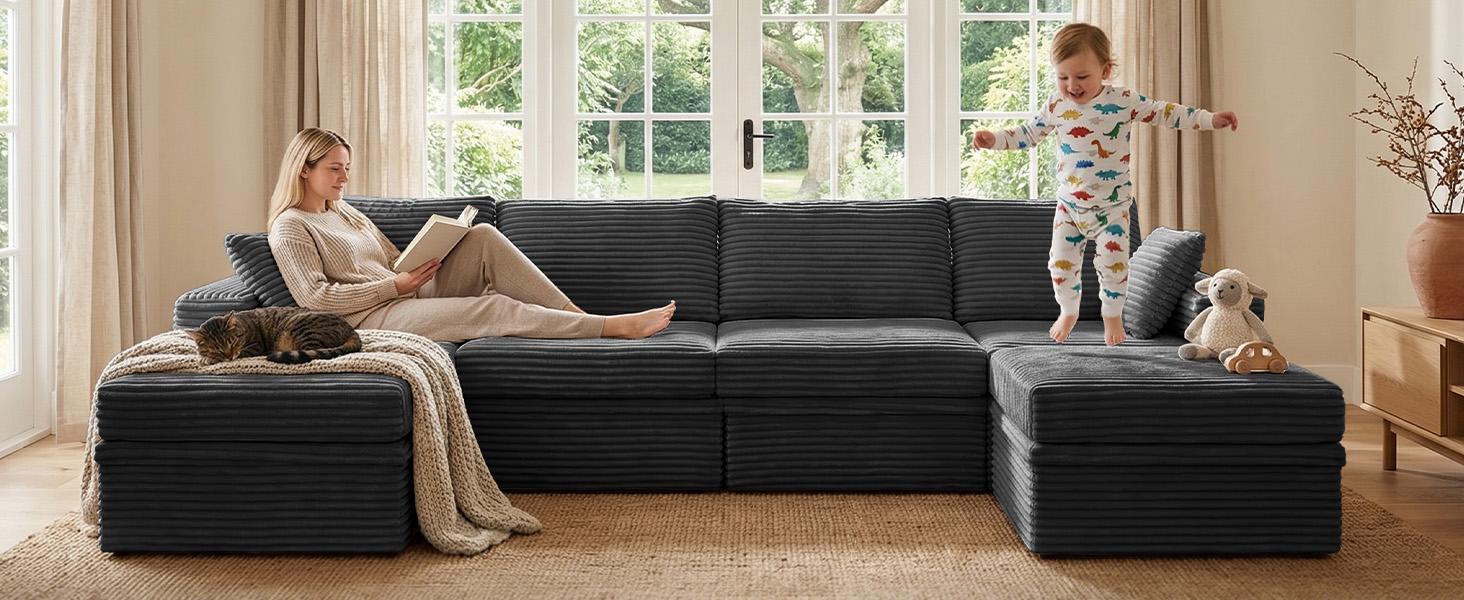 【3 Packages Shipping】NABUMI 142" Modular Sectional Sofa with Storage, Oversized U-Shaped Cloud Couch with Ottoman, 27" Deep Seat Memory Foam Corduroy 6-Seater Couches, Ergonomic Memory Foam, Free Combination, Tool-Free Assembly, Black BeigeDark Gray Green 【3 Packages Shipping】NABUMI 142" Modular Sectional Sofa with Storage, Oversized U-Shaped Cloud Couch with Ottoman, 27" Deep Seat Memory Foam Corduroy 6-Seater Couches, Ergonomic Memory Foam, Free Combination, Tool-Free Assembly, Black BeigeDark Gray Green