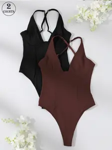 Women's Solid Hook & Eye Closure Crotch Shapewear Bodysuit, Breathable Adjustable Strap Tummy Control Butt Lifting Shaper, Ladies Comfortable Shapewear, Crisscross Halter Shapewear