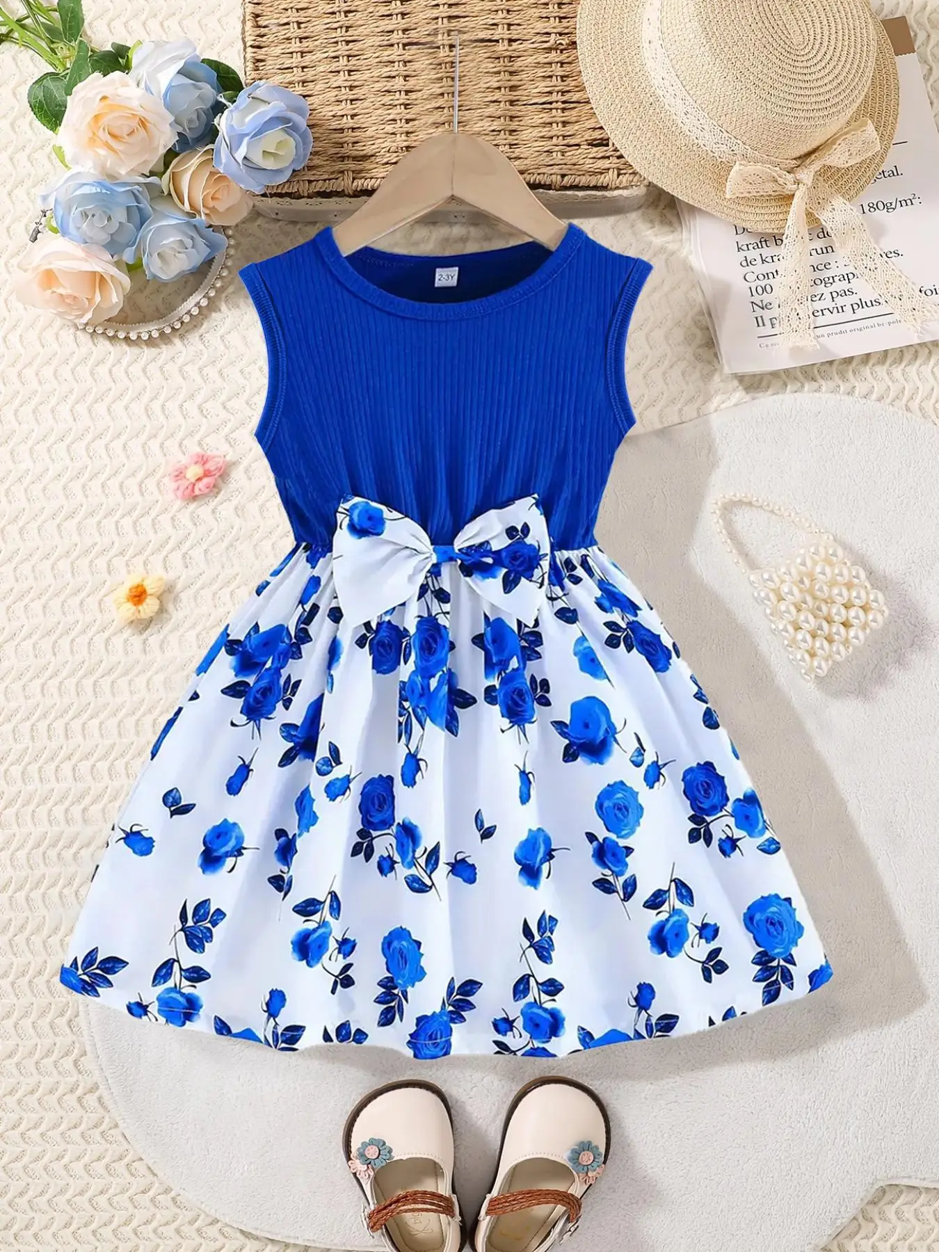 Girl's Floral Print Bow Decor Tank Dress, Cute Sleeveless Round Neck Dress for Summer, Kids Clothes for Daily Wear, Floral Pattern Dress