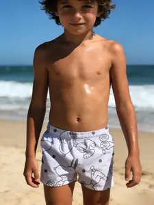 Summer collection boys' swim trunks, sun-protective quick-dry 3D all-over print, duck pattern with polka dots & speech bubbles, casual for home, vacation & beach fashion