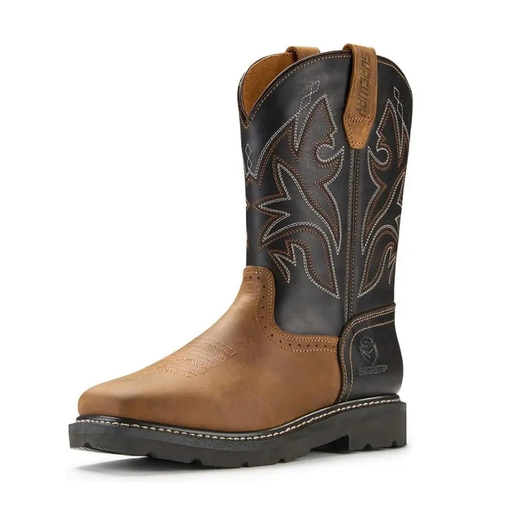SUREWAY Cowboy Boots For Men, 10 Inch Pull on Square Toe Western Boot | Classic durable men's wellington work boots,slip resistant pull-on soft toe work boots for daily and western casual wear