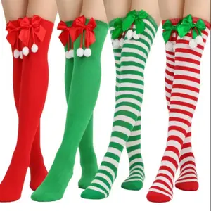 Girls' Teen Bow Christmas Socks, Knee High Long Stockings, Striped Holiday Socks, Over-The-Knee Butterfly Knot Socks for Women, Tube Socks