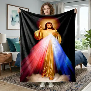 Holy Mercy Jesus Sacred Heart Flannel Blanket, Soft Warm Cozy, Multi-Use for Sofa Bed Office Camping Travel, Faith Gift Rug, Soft Blankets