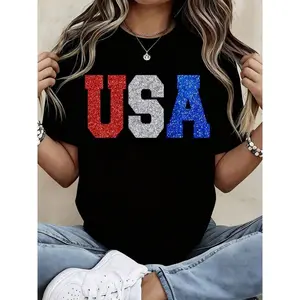 100%CottonGlitter Usa Patriotic T Shirt Red White And Blue Sparkle Print For Independence Day Celebration Party WearBreathable Cotton Tee, All Match