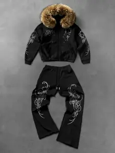 Men's Fall Winter Dark Print Fleece Jacket Set, Thick Plush Material, Stylish and Warm, High-End Casual Fashion for Trendsetters