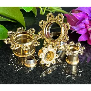 PAIR of Unique Gold Tribal Hearts Filigree Internally Threaded Double Flare Tunnels - Gauges 8g (3mm) thru 5/8" (16mm)