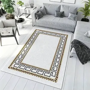 White Double Border Greek Key Chain Trim Crystal Velvet Area Rug Non-Slip Modern Living Room Rug #GreekKeyBorderRug #LuxuryHomeDecor #ChainFrameCarpet #MinimalistGeometricRug #CrystalVelvetRug