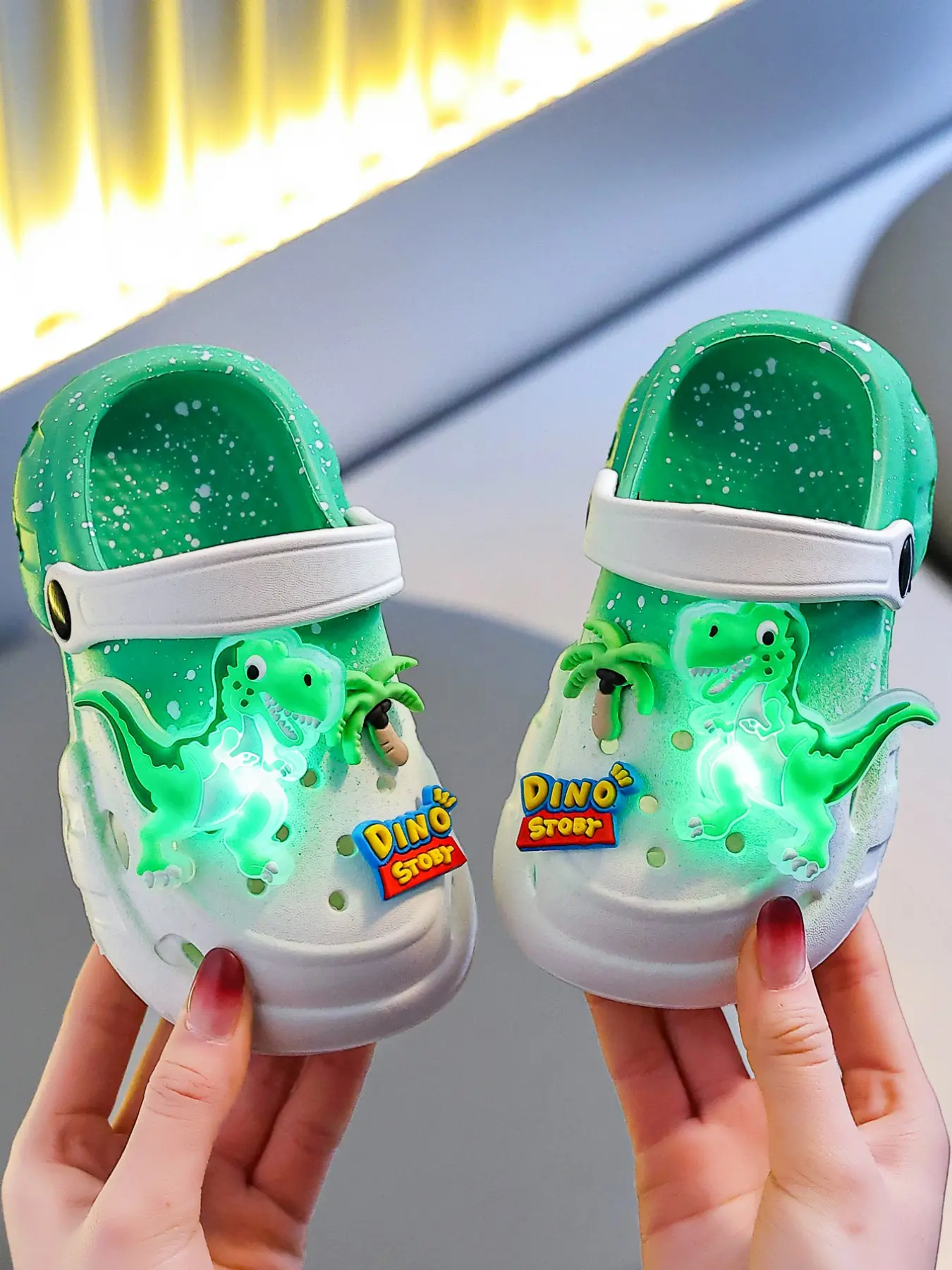 Summer Kids Holey Shoes, Vacation Style Glow-In-The-Dark Dinosaur, Unisex Ultra-Light Hollow Soft Cool Beach Sandals, Eva Slide Sandals, Comfy Sandals
