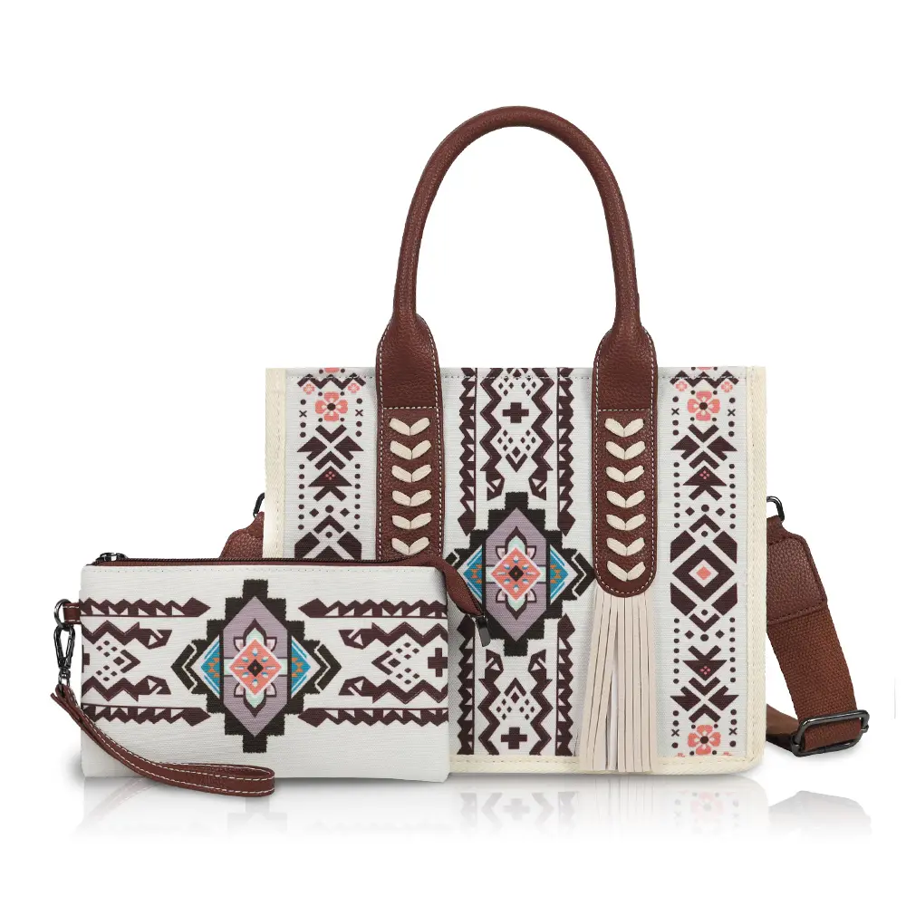Women's 2-in-1 Tote Bag Set - Vintage Ethnic Western Handbag with Tassel, Large-Capacity Stylish Crossbody for Work, Versatile Work Bag for Travel, Style, Work Bags