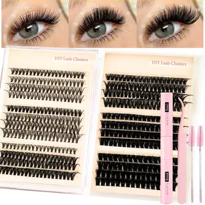 DIY Eyelash Extension Kit, 456 Pieces Soft Lightweight Fluffy Eyelash Clusters Set with Waterproof Glue, Ideal for Beginners Home Use, Wispy Eyelash Clusters