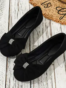 Women's Spring Autumn Velvet Bow Flat Shoes, Rhinestone Decor Round Toe Low-Top Versatile Commuter Footwear, All Season Elegant Design