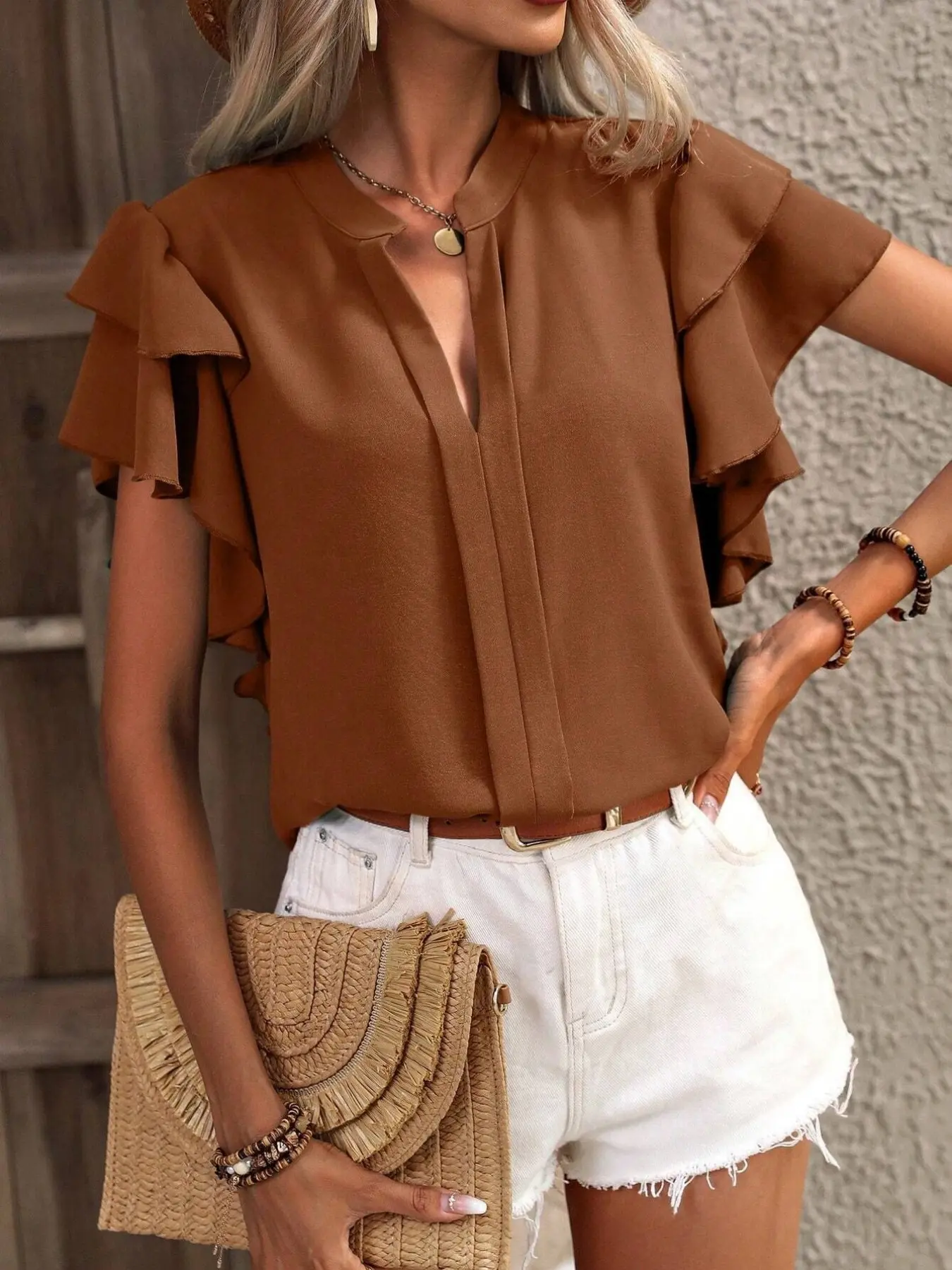 A fashionable women's V-neck T-shirt with lotus leaf cuffs, suitable for daily wear, commuting, and travel Womenswear Casual Top