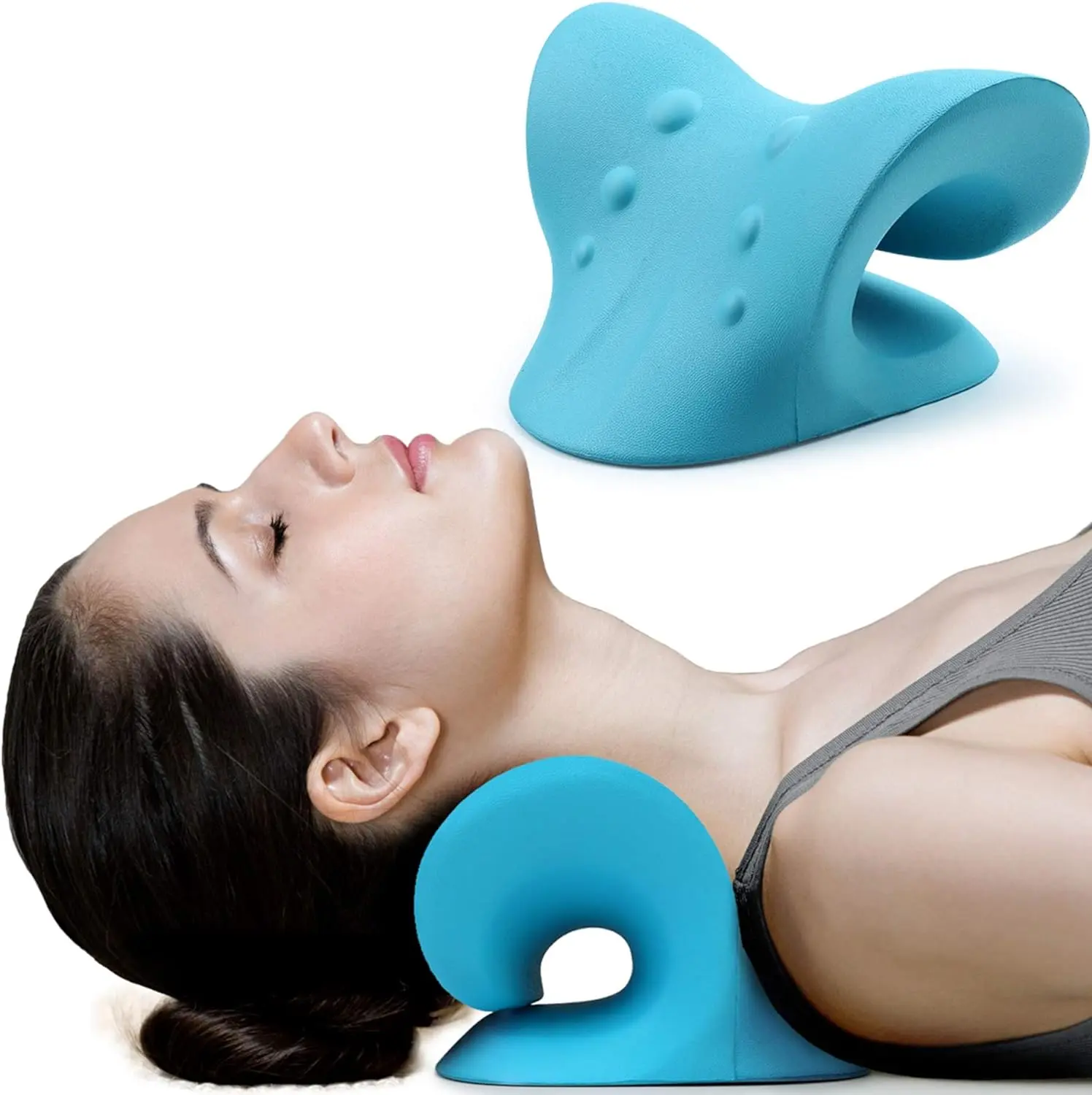 Neck Pillow, Neck Pillows For Pain Relief, Cervical Traction Device for TMJ Pain Relief and Cervical Spine Alignment, Chiropractic Pillow Neck Stretcher (Blue)