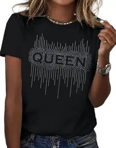 Cotton round neck T-shirt Rhinestones Cutout QUEEN fashion items Top Summer Shortsleeve Black Crewneck Casual Womenswear Tshirt Streetwear Comfort