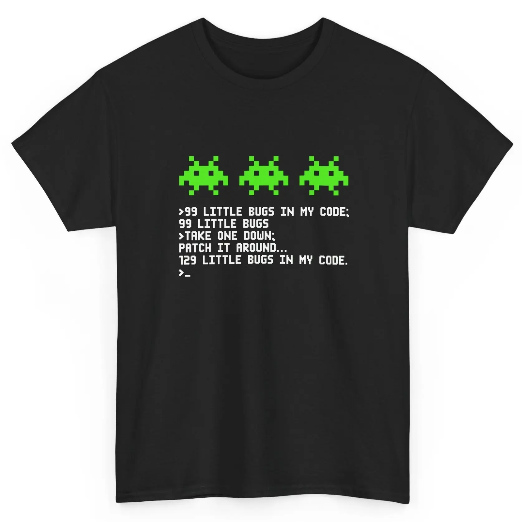 99 Little Bugs In My Code T‑Shirt, Retro Pixel Bug Programmer Developer Graphic Tee, Casual Short Sleeve Top for Coders, Software Engineers & Retro Game Fans