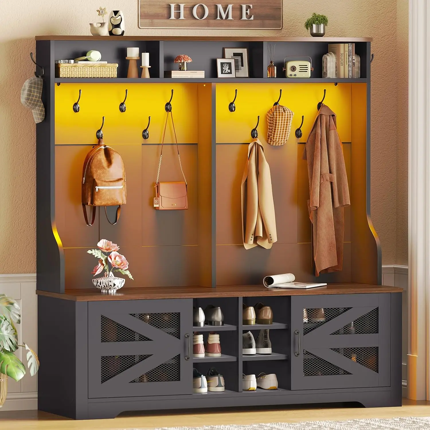 Itaar Hall Tree with Bench and Shoe Storage, 5-in-1 Entryway Bench with Coat Rack, 16 Shoe Cubbies & 12 Coat Hooks, Barn Door & Adjustable Shelf
