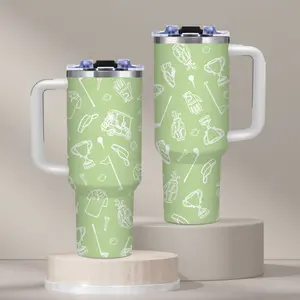 Golf, 40oz tumbler with handle, iced coffee cup, green minimalist design, Golf Lover Gift, for office and camping, Summer, Travel Mug, Stainless Steel Vacuum Insulated Water Bottle, Tumbler Gift for Women and Men