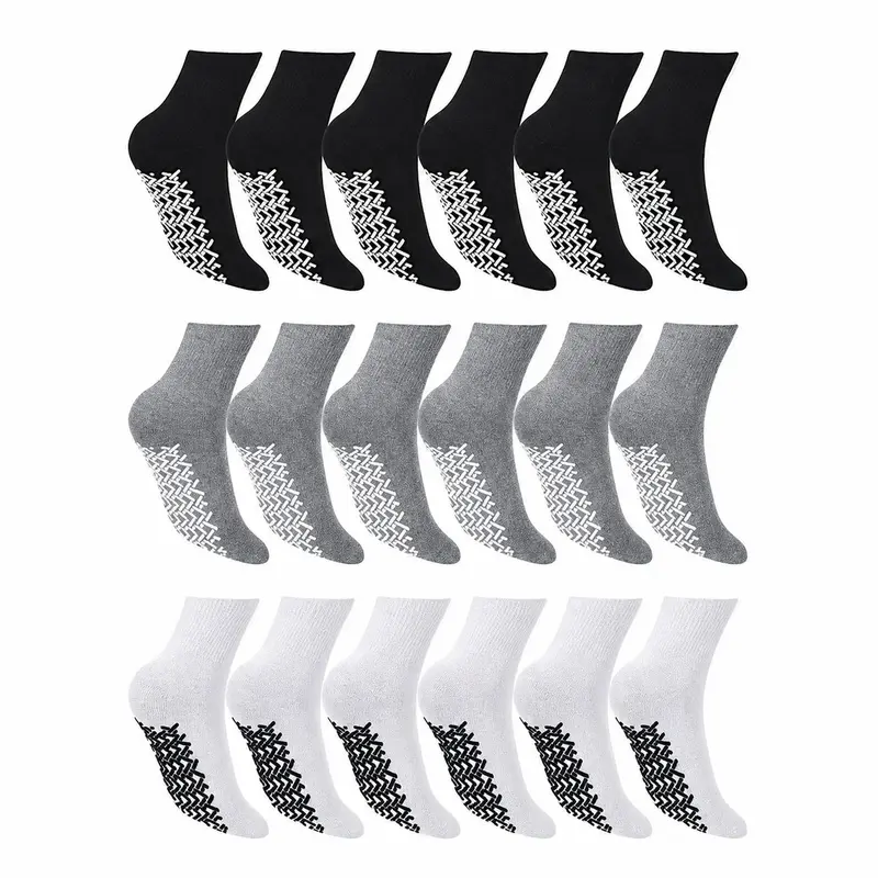 DIAMOND STAR Breathable Cotton Non-Binding Anti-Skid Crew Socks with Foot Grips for Men & Women - Ideal for Hospital, Rehab, Martial Arts, Trampoline Use to Minimize Injury Risk