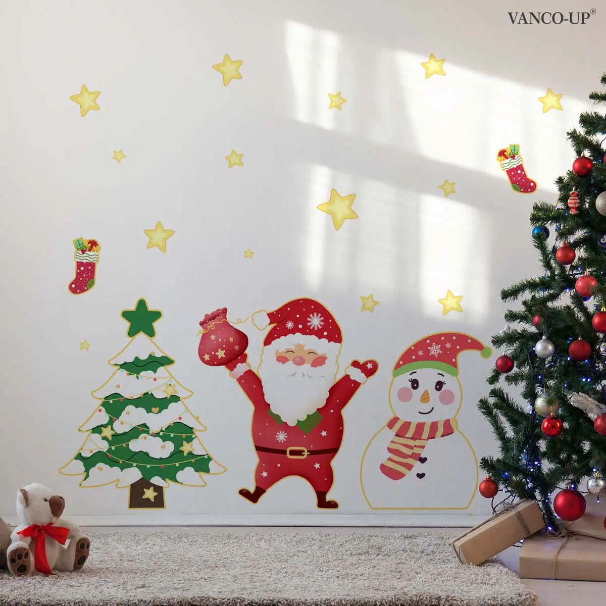 A 30*60cm self-adhesive Christmas Santa Claus, snowman and star flat wall sticker for home background decoration M20324-NC