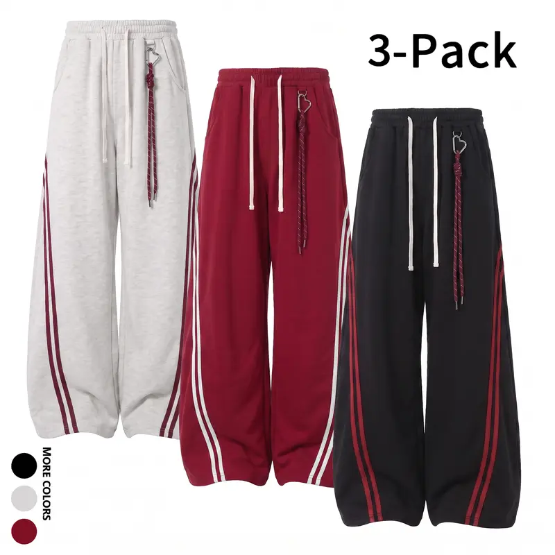 Unisex Cut Loose Wide-Leg Side-Stripe Polyester Sweatpants, Streetwear Clothing, All-Season Comfortable Casual Everyday Loungewear (Check Figure 2 for Size Chart)