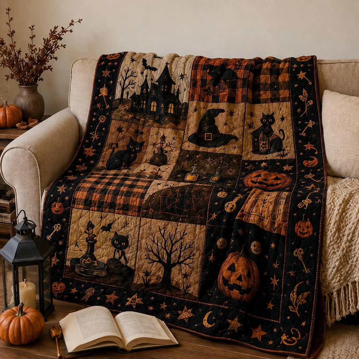 Vintage Halloween Quilt Blanket, Spooky Ghost Pumpkin Black Cat Patchwork Throw, Cozy Autumn Bedding Gothic Fall Decor