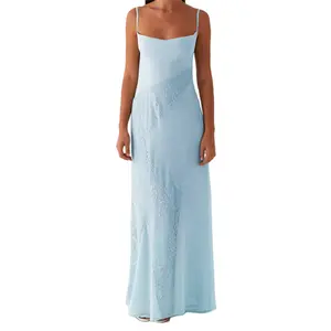 Women Long Dress Lace Patchwork Sleeveless Cami Dress Summer Tie-Up Backless Spaghetti Strap Dress Womenswear Polyester