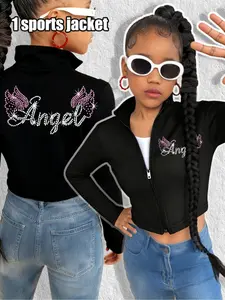 Elegant Angel Wings Girls' Jacket, Artistic Letter Print Design, Short Zipper Coat, Slim-Fitting Casual Style, Spring & Fall