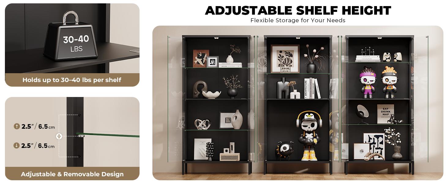 BROTTAR Metal Display Cabinet with Glass Doors, 4-Tier Curio Cabinet with 3 Color Lights for Collectibles, Glass Display Case with Human Body Sensor, Storage Cabinets with Adjustable Glass Shelves, Black