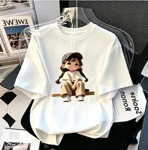 Hot Selling US TikTok Kawaii Cartoon Character Print Women White Oversized T-Shirt Short Sleeve Basic Tee For Vacation, Shopping & Soft Girl Streetwear,summerwins