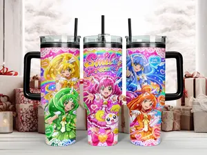 Smile PreCure! Magical Girl Anime Character Tumbler - Vibrant Rainbow Art Featuring Cure Happy, Sunny, Peace, March & Beauty - 40oz Insulated Stainless Steel Travel Mug with Handle & Straw, Insulation, Bottles