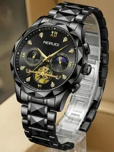 A men's black steel strap business style multifunctional moon phase leisure quartz wristwatch Business Fashion Watch Quartz Analog Watch