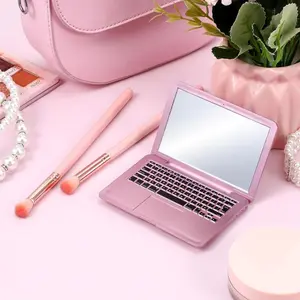 Mini laptop-shaped makeup mirror, mini laptop mirror, 1 piece, pocket-sized, portable and compact, foldable laptop mirror, suitable for dollhouses, pets, travel, jewelry, makeup decoration (rose color)