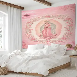 Pink Our Lady of Guadalupe Tapestry, Religious Virgin Mary Wall Hanging, Catholic Floral Tapestries, Aesthetic Wall Blanket, Spiritual Backdrop Decor for Christian Room