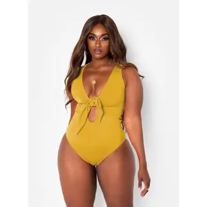 Happy Hour Tie Front Keyhole Swimsuit - Mustard