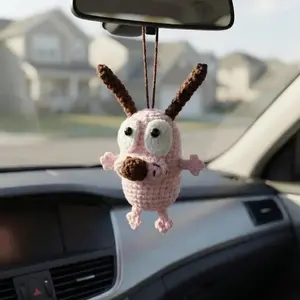 Handmade Courage the Cowardly Dog Crochet Car Hanging | Funny Amigurumi Cartoon Ornament | Rearview Mirror Car Charm, Cute Gift for Cartoon Lovers