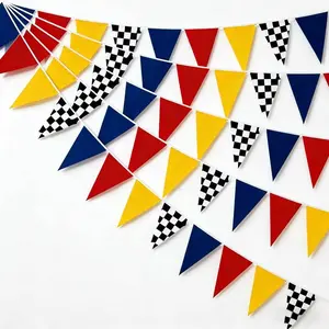 1 set/12 pieces Cartoon Party Decorations, Racing Party Supplies, Black and White Checkered Pennant, Red, Yellow, and Blue Flag Decorations, Party Hanging Flags and Banner Decorations, Birthday Celebration Pennant