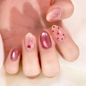 Today's Special Offer, Get Jelly Glue and File, New Christmas Valentine's Heart Bow Nails, Oval Cherry Rhinestone Design